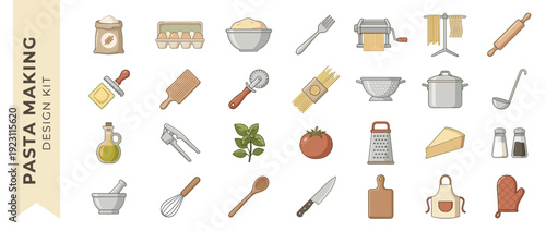 Pasta Making and Italian Cooking Vector Icon Set: 28 Flat Design Illustrations of Kitchen Tools, Equipment, and Ingredients like Flour, Eggs, Basil, Tomato, Cheese, Pasta Machine, and Rolling Pin.