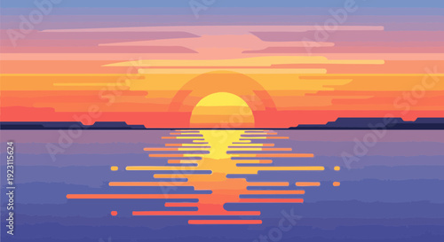 Vibrant sunset over water with colorful sky and reflection. Stylized vector landscape illustration.