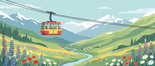 Scenic Cable Car Ride Over a Lush Mountain Valley with Spring Wildflowers, Snow-Capped Peaks, a Winding River, and a Small Village; Flat Vector Illustration of Alpine Landscape and Travel.