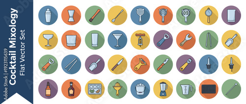 Professional Flat Vector Icon Set of 40 Cocktail Bar Mixology Tools and Equipment for Bartenders, Including Shaker, Jigger, Strainer, Glassware, Bottle Opener, Corkscrew, Ice Tongs, and Juicer.