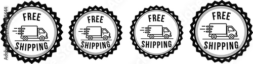 Free shipping badge icon set with delivery truck symbol representing ecommerce promotion fast delivery offer retail marketing label and packaging design elements