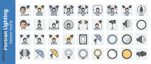 Comprehensive Set of 32 Portrait Photography Lighting Setup Vector Icons. Flat Design Illustrations for Rembrandt, Butterfly, Split, Loop, Snoot, Softbox, Umbrella, Ring Light, and Studio Gear.