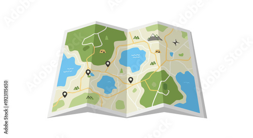Folded travel map for hiking and camping adventure. Vector illustration with mountains, lakes, and location pins.