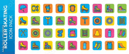Comprehensive Roller Skating and Inline Skating Icon Set Featuring 36 Flat Vector Icons of Gear, Equipment, Skates, Helmets, Protective Pads, Wheels, Tools, and Accessories in Bright Colors.