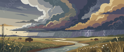 Flat vector illustration of a dramatic spring thunderstorm over a vast prairie landscape with dark storm clouds, lightning bolts, rain, a winding river, and grazing bison in a wild meadow scene.