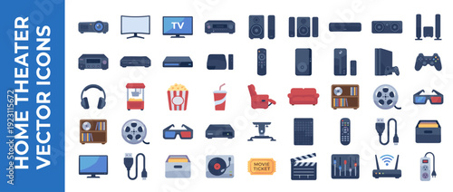 Home Theater and Entertainment Vector Icon Set Featuring 32 Flat Design Icons with Smooth Gradients for Media Room, Cinema, Gaming, and Audio Visual Equipment like TV, Projector, and Speakers.
