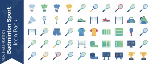 Badminton Sport Icon Pack featuring 36 flat vector icons of racquet sport gear with smooth gradients. Includes shuttlecocks, racquets, shoes, nets, bags, courts, scoreboards, trophies, and apparel.