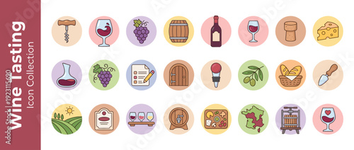Vector Icon Set of 24 Wine Tasting and Vineyard Elements in a Playful Flat Design Style; Featuring Wine Bottles, Glasses, Grapes, Barrels, Cheese, Corkscrews, Decanters, and Sommelier Equipment.