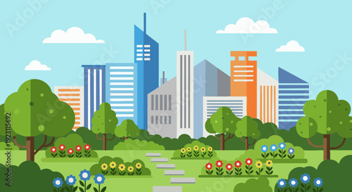 Vector illustration of a modern city skyline behind a green public park with trees and flowers.