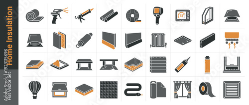 Home Insulation and Weatherproofing Vector Icon Set Featuring Spray Foam Gun, Caulk, Thermal Camera, Thermostat, Double Pane Window, Attic Hatch, Pipe Insulation, Vapor Barrier, and Draft Stopper.