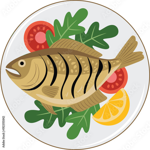 A cooked striped fish on a white plate with green leaves, red tomato slices, and yellow lemon wedges
