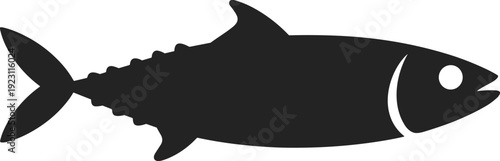 Black and white stylized fish with a curved body and a detailed tail