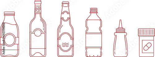 Outline beverage bottle icon set including juice wine beer soda sauce and medicine container for packaging design and product illustration elements