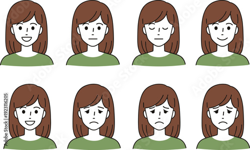 Girl avatar facial expression set with different emotions including happy neutral sad and tired moods for character illustration and social communication design