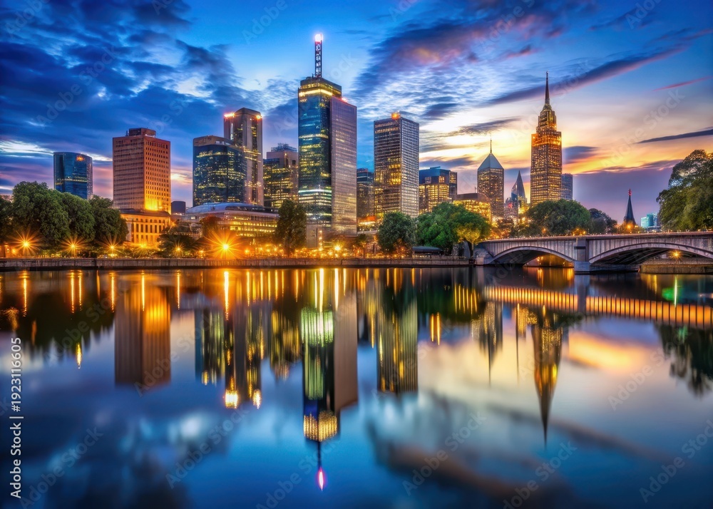 Fototapeta premium Melbournes majestic skyline unfolds at dusk, with iconic architecture and vibrant city lights reflected in a serene lake
