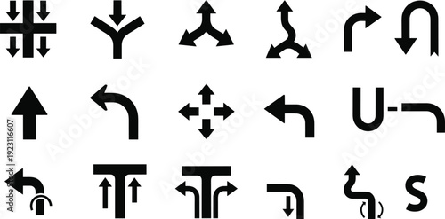 Navigation direction arrow icon collection with turn signs intersection symbols and traffic movement indicators for map interface and modern vector design elements