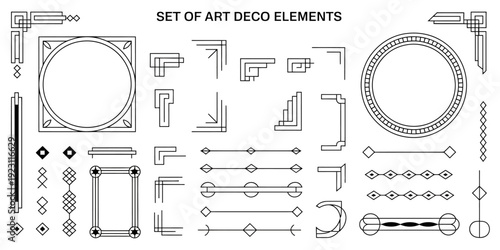 Art Deco style geometric design set featuring round and rectangular frames, corners, dividers, and pattern brushes with corner accents for luxury vintage invitations and branding.