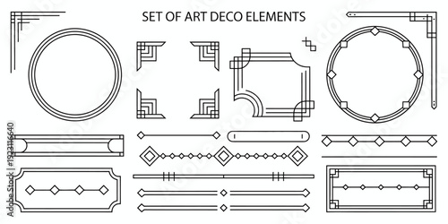 Art Deco style geometric design set featuring round and rectangular frames, corners, dividers, and pattern brushes with corner accents for luxury vintage invitations and branding.
