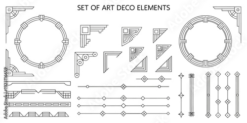 Art Deco style geometric design set featuring round and rectangular frames, corners, dividers, and pattern brushes with corner accents for luxury vintage invitations and branding.