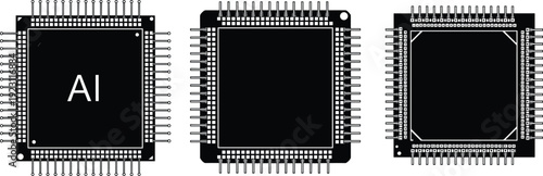 AI artificial intelligence microchip silhouettes set, computer processor cpu vector icons, digital technology electronic circuit hardware cad drawing, flat vector illustration.