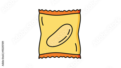 Colorful illustration of a yellow snack bag containing a potato chip with orange serrated edges on a plain white background for food graphics.