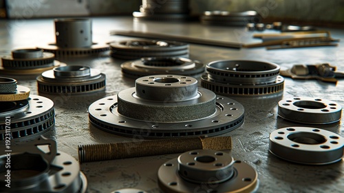 A photo of brake pads and rotors on a table.