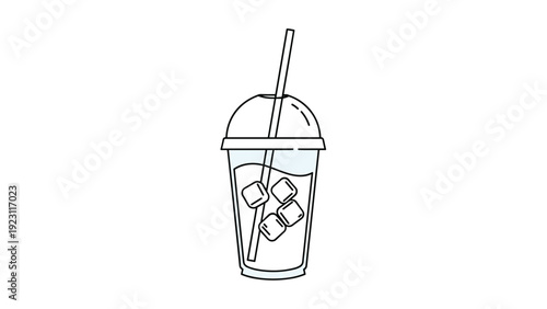 Refreshing illustration of a tall clear take away cup filled with a blue liquid and several ice cubes with a long straw inside.