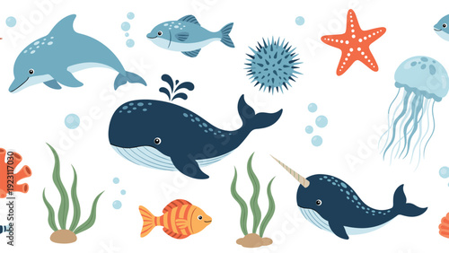 Whimsical sea life pattern featuring various marine animals including a blue whale, dolphin, narwhal, fish, and jellyfish on a white background.