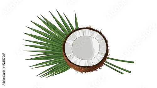 Tropical illustration featuring a realistic brown half of a coconut with white flesh placed in front of a green fan shaped palm leaf on white.