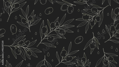 Elegant seamless pattern featuring hand drawn olive branches and fruits with leaves in a sketch style on dark background.