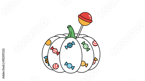 Festive halloween pumpkin decorated with colorful candies and a red lollipop stuck in the top on a white background.