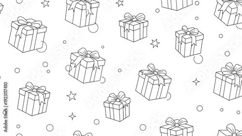 Festive seamless pattern with hand drawn gift boxes and small stars and circles on a clean white background.