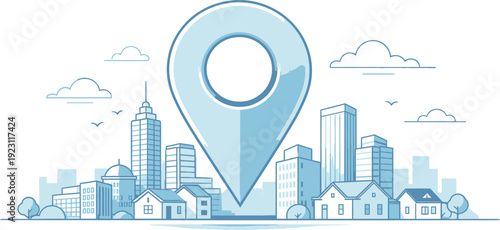 City skyline with large blue location pin vector illustration. Urban landscape with buildings, houses, and trees in outline style.