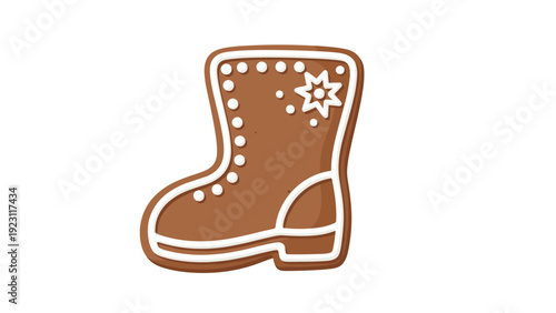 Traditional christmas gingerbread cookie in the shape of a boot with white icing decorations on a white background.