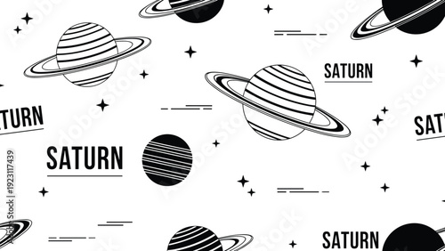 Educational seamless pattern featuring planets with rings and the word saturn on a white background with stars.