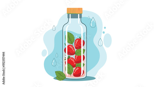 Refreshing summer detox water with fresh strawberries and green mint leaves inside a glass bottle in flat style.