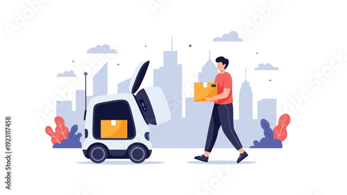 Modern city scene with a delivery man loading cardboard boxes into an autonomous delivery robot in flat style.