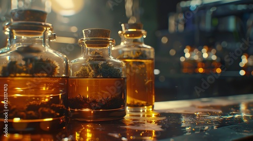 A photo of cannabis extracts in amber jars.