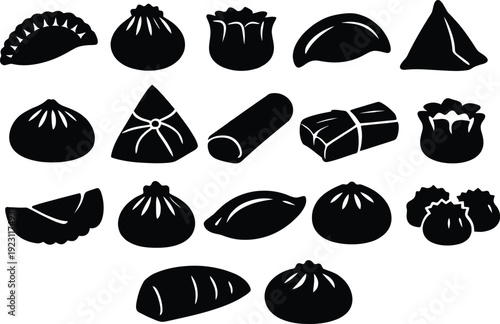 Asian dumpling silhouette icon collection. Includes gyoza, baozi, shumai, wonton, samosa, spring roll, and zongzi symbols. Created in solid black style with black and white palette.