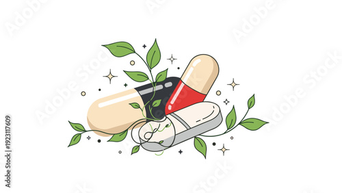 Detailed illustration of various medicinal pills and capsules with green leaves representing natural healing and pharmacy.