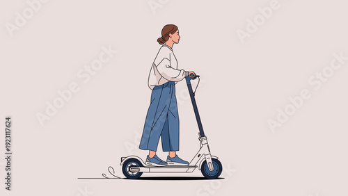 Stylish young woman riding a white electric kick scooter in a minimal flat illustration style with soft background.