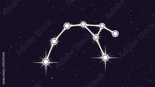 Beautiful constellation of stars connected by lines in the deep dark blue night sky filled with small stars.
