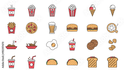 Colorful collection of fast food icons including burger, pizza, popcorn, ice cream, taco, and drinks in flat style.