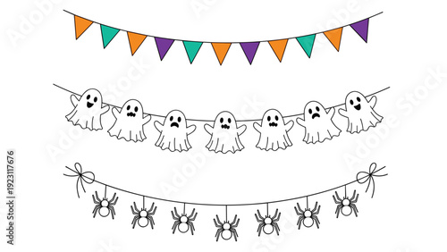 Three different halloween garlands with colorful flags, cute white ghosts, and small black spiders for party decor.