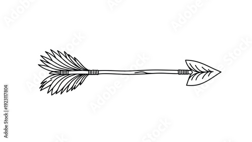 Vintage style hand drawn black and white line art illustration of a traditional wooden arrow with fletching and a stone arrowhead tip.