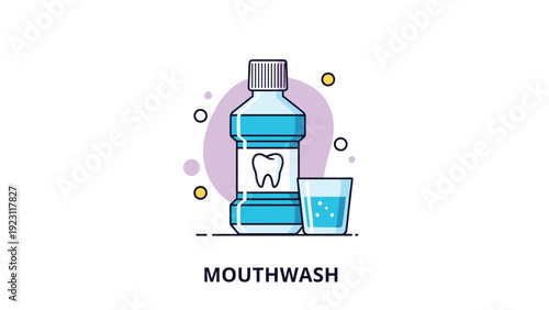Health and hygiene illustration featuring a bottle of blue mouthwash with a tooth icon and a small cup filled with liquid on a white background.