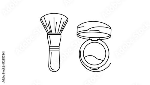 Simple black and white line art illustration of a large fluffy makeup brush and an open cosmetic powder compact on a white background.