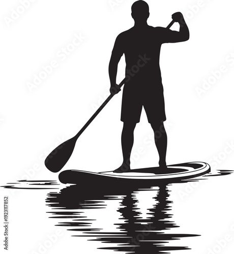 Silhouette of a man paddleboarding on water with reflections stand up paddleboarding