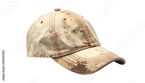 A weathered, off-white baseball cap heavily stained with dirt, isolated on black