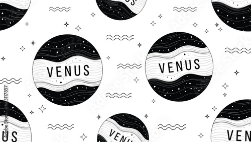 Whimsical seamless pattern featuring circular planet icons with venus text on a decorative black and white starry background with waves.